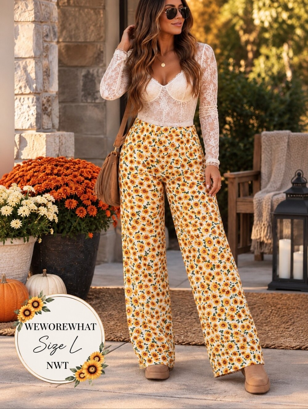 WeWoreWhat Yellow Sunflower-Print Wide Leg Pants